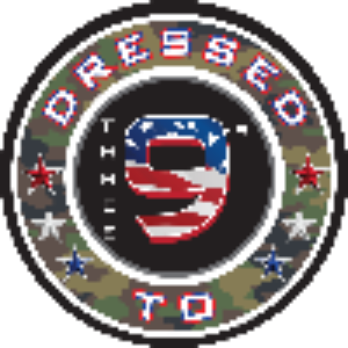 Circular logo with 'Dressed Three 9's to' text and American flag design on a camouflage background.